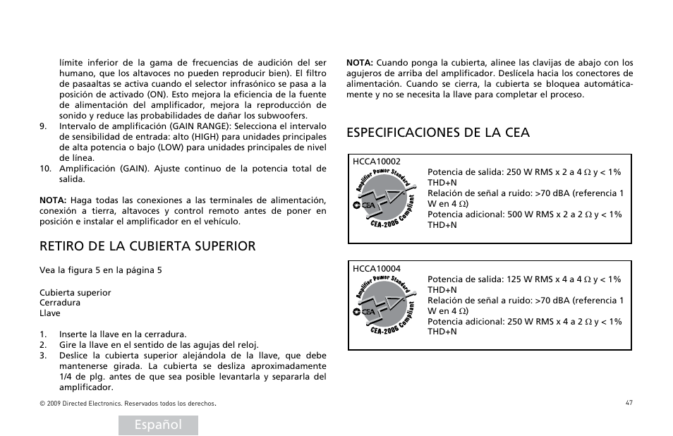 Español, Retiro de la cubierta superior, Especificaciones de la cea | Orion Car Audio HCCA COMPETITION HCCA10002 User Manual | Page 48 / 126