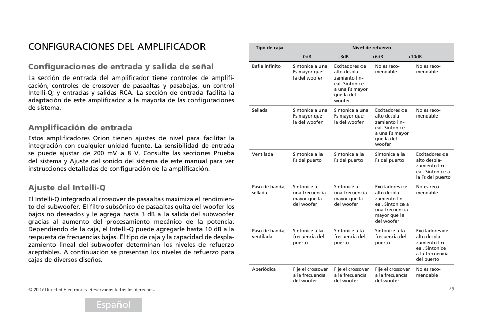 Español configuraciones del amplificador, Onfiguraciones, Mplificaciøn | Juste | Orion Car Audio HCCA COMPETITION HCCA10002 User Manual | Page 50 / 126