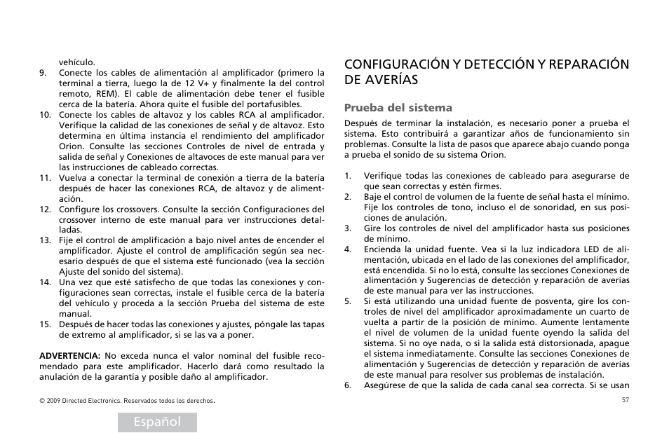 Español, Configuración y detección y reparación de averías, 0rueba | Orion Car Audio HCCA COMPETITION HCCA10002 User Manual | Page 58 / 126