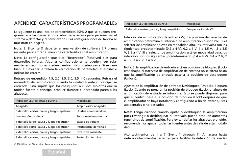Español apéndice. características programable | Orion Car Audio HCCA COMPETITION HCCA10002 User Manual | Page 64 / 126