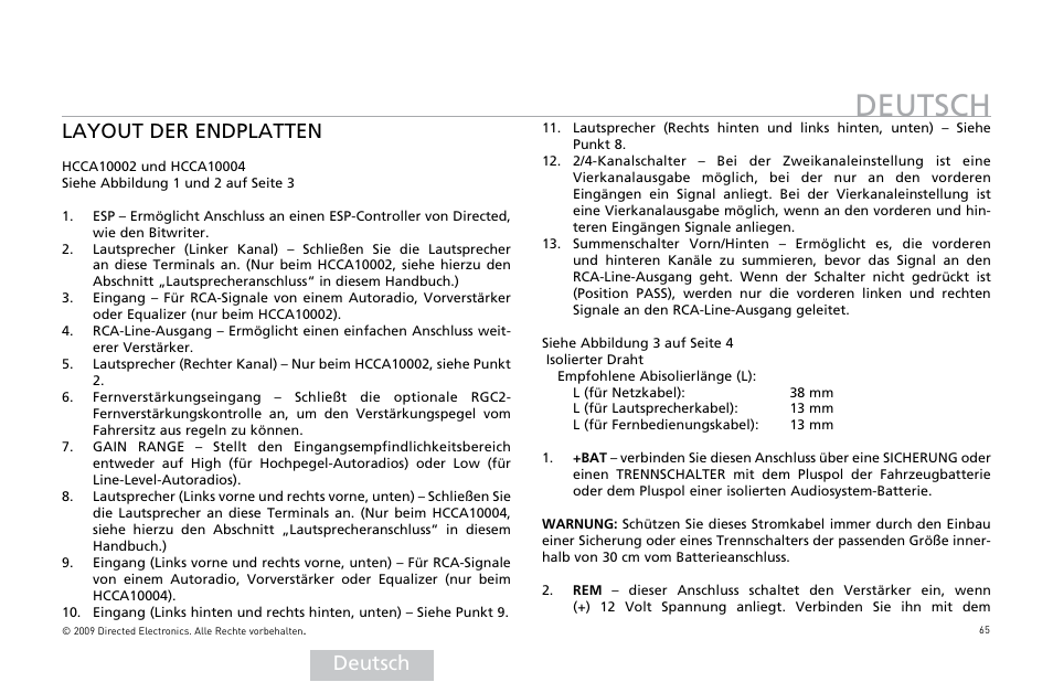 Deutsch, Deutsch layout der endplatten | Orion Car Audio HCCA COMPETITION HCCA10002 User Manual | Page 66 / 126