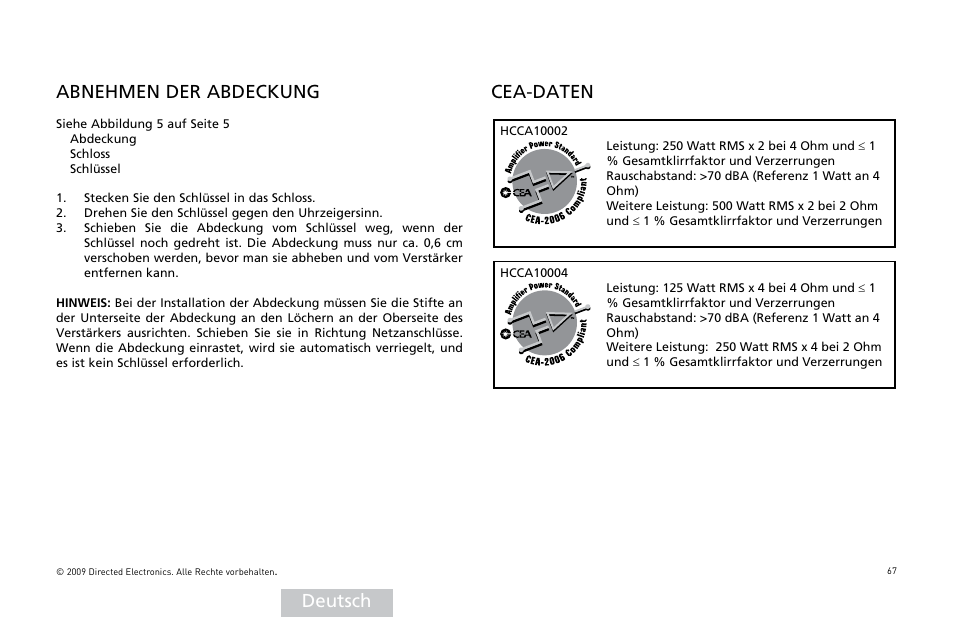 Deutsch abnehmen der abdeckung, Cea-daten | Orion Car Audio HCCA COMPETITION HCCA10002 User Manual | Page 68 / 126