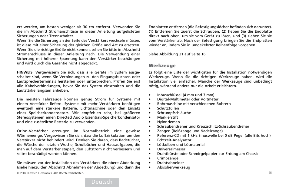 Deutsch, 7erkzeuge | Orion Car Audio HCCA COMPETITION HCCA10002 User Manual | Page 76 / 126
