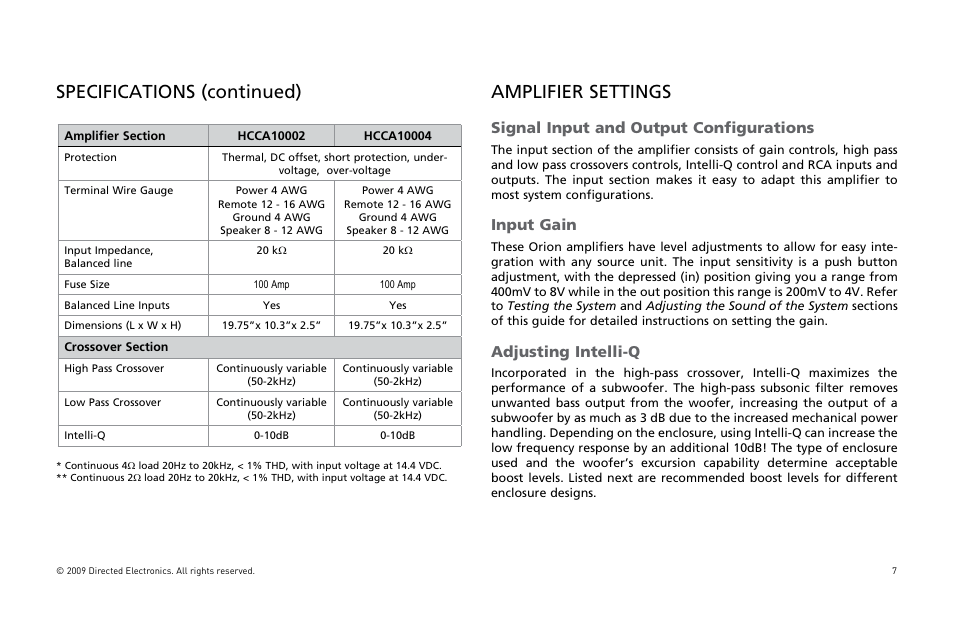 Amplifier settings, Specifications (continued), 3ignal | Nput, Djusting | Orion Car Audio HCCA COMPETITION HCCA10002 User Manual | Page 8 / 126