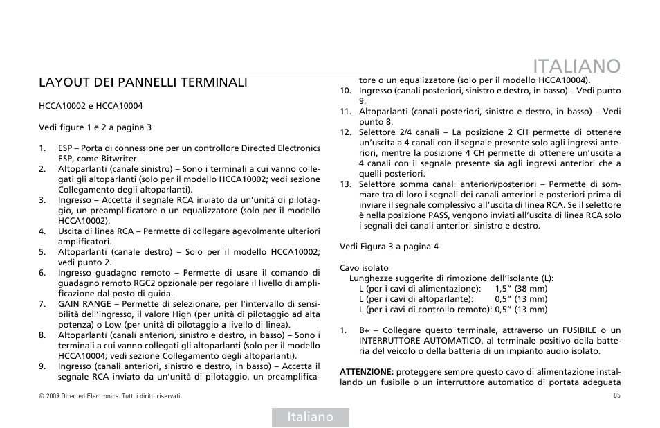 Italiano, Layout dei pannelli terminali | Orion Car Audio HCCA COMPETITION HCCA10002 User Manual | Page 86 / 126