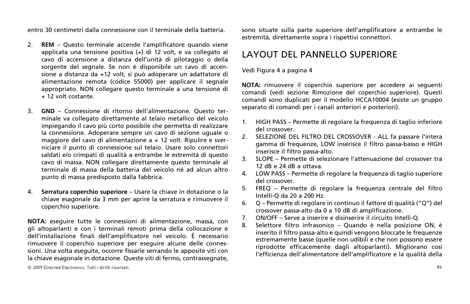 Layout del pannello superiore | Orion Car Audio HCCA COMPETITION HCCA10002 User Manual | Page 87 / 126