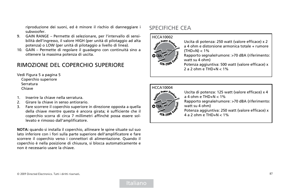Italiano, Rimozione del coperchio superiore, Specifiche cea | Orion Car Audio HCCA COMPETITION HCCA10002 User Manual | Page 88 / 126