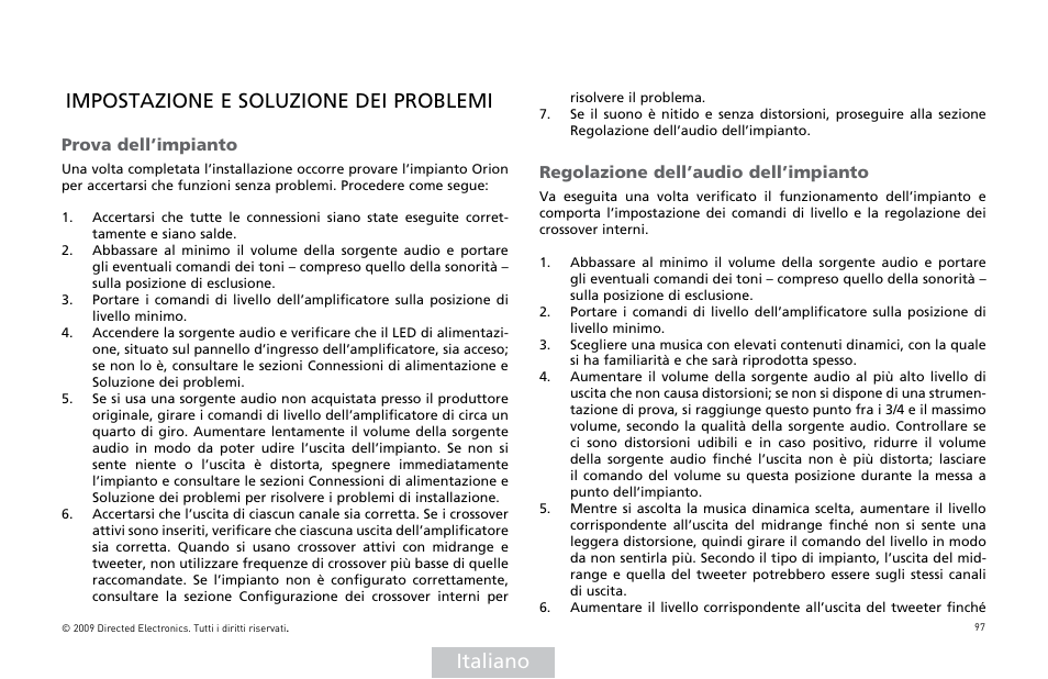 Italiano, Impostazione e soluzione dei problemi, 0rova | 2egolazione | Orion Car Audio HCCA COMPETITION HCCA10002 User Manual | Page 98 / 126