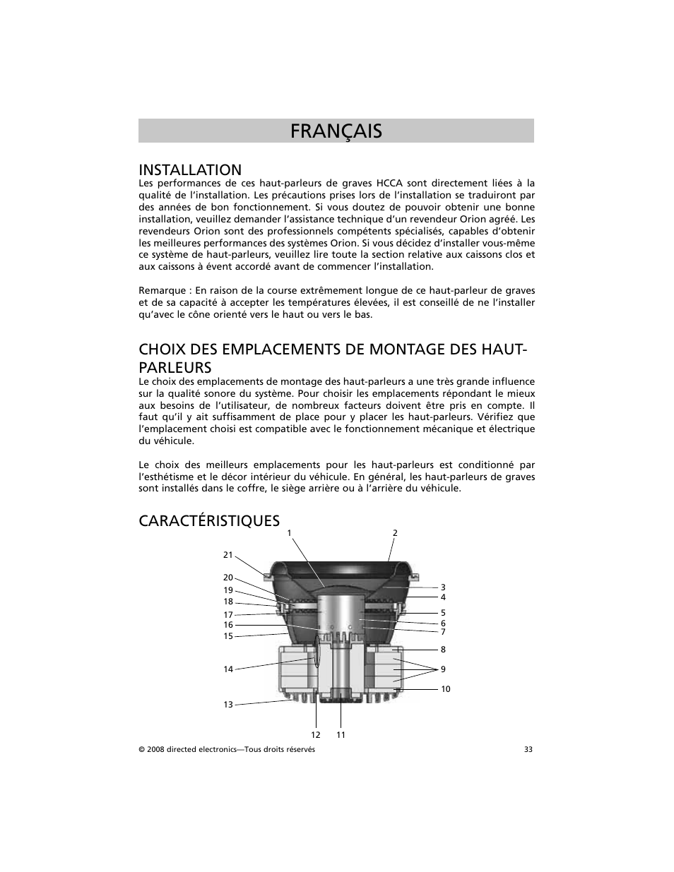 Français, Installation, Caractéristiques | Orion Car Audio HCCA COMPETITION HCCA154 User Manual | Page 34 / 94