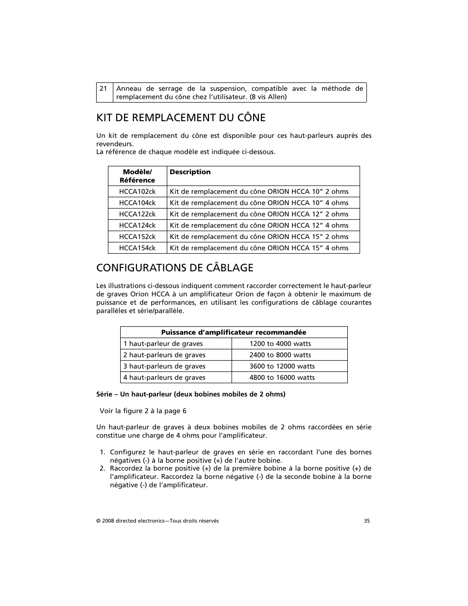 Kit de remplacement du cône, Configurations de câblage | Orion Car Audio HCCA COMPETITION HCCA154 User Manual | Page 36 / 94