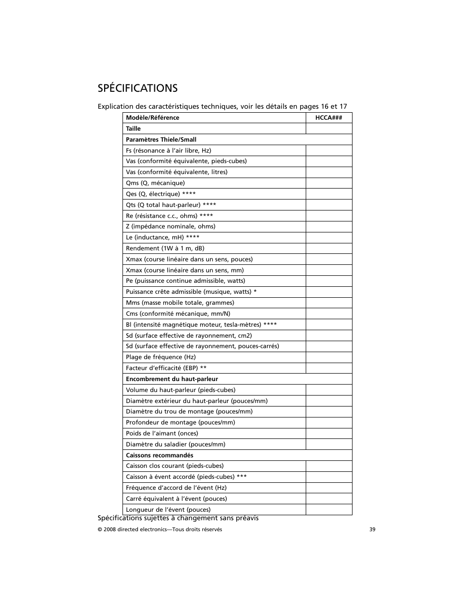 Spécifications | Orion Car Audio HCCA COMPETITION HCCA154 User Manual | Page 40 / 94