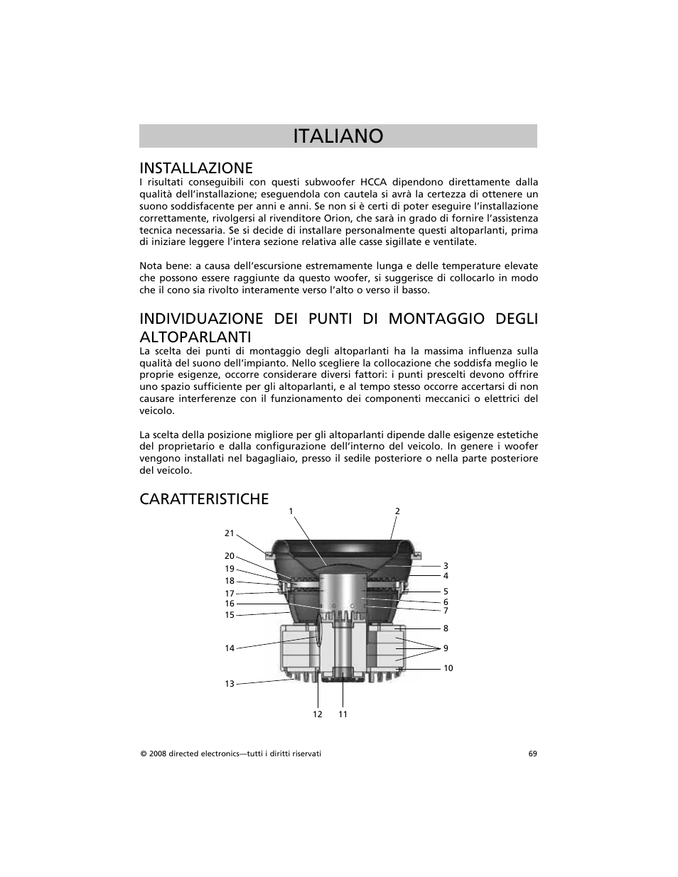 Italiano, Installazione, Caratteristiche | Orion Car Audio HCCA COMPETITION HCCA154 User Manual | Page 70 / 94