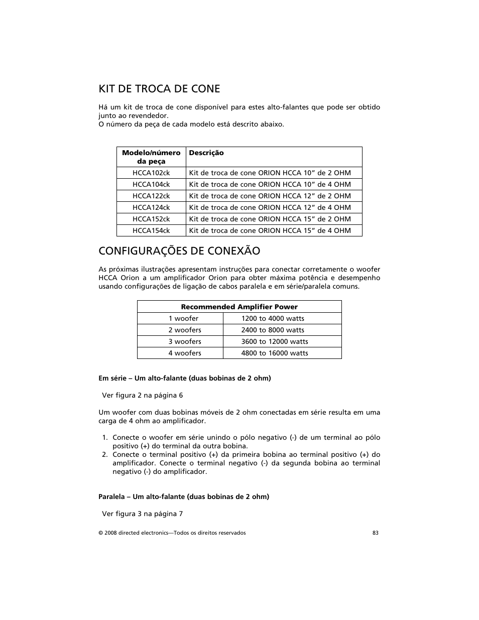 Kit de troca de cone, Configurações de conexão | Orion Car Audio HCCA COMPETITION HCCA154 User Manual | Page 84 / 94