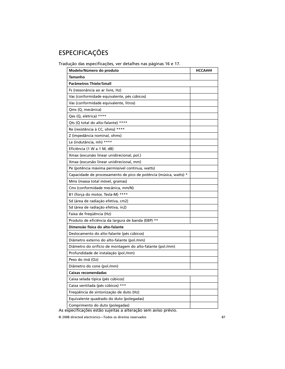 Especificações | Orion Car Audio HCCA COMPETITION HCCA154 User Manual | Page 88 / 94