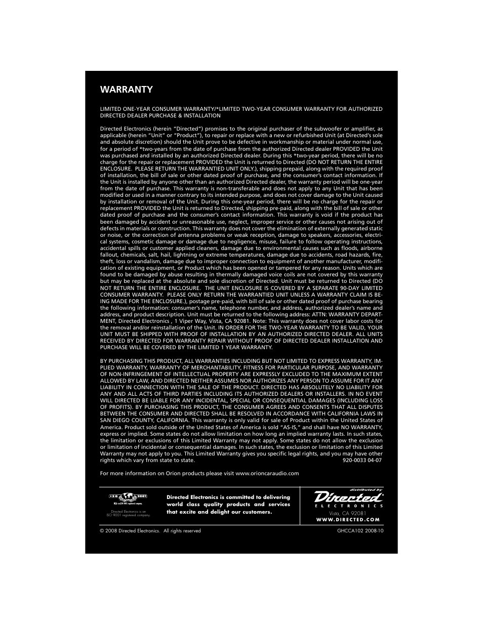 Warranty | Orion Car Audio HCCA COMPETITION HCCA154 User Manual | Page 94 / 94