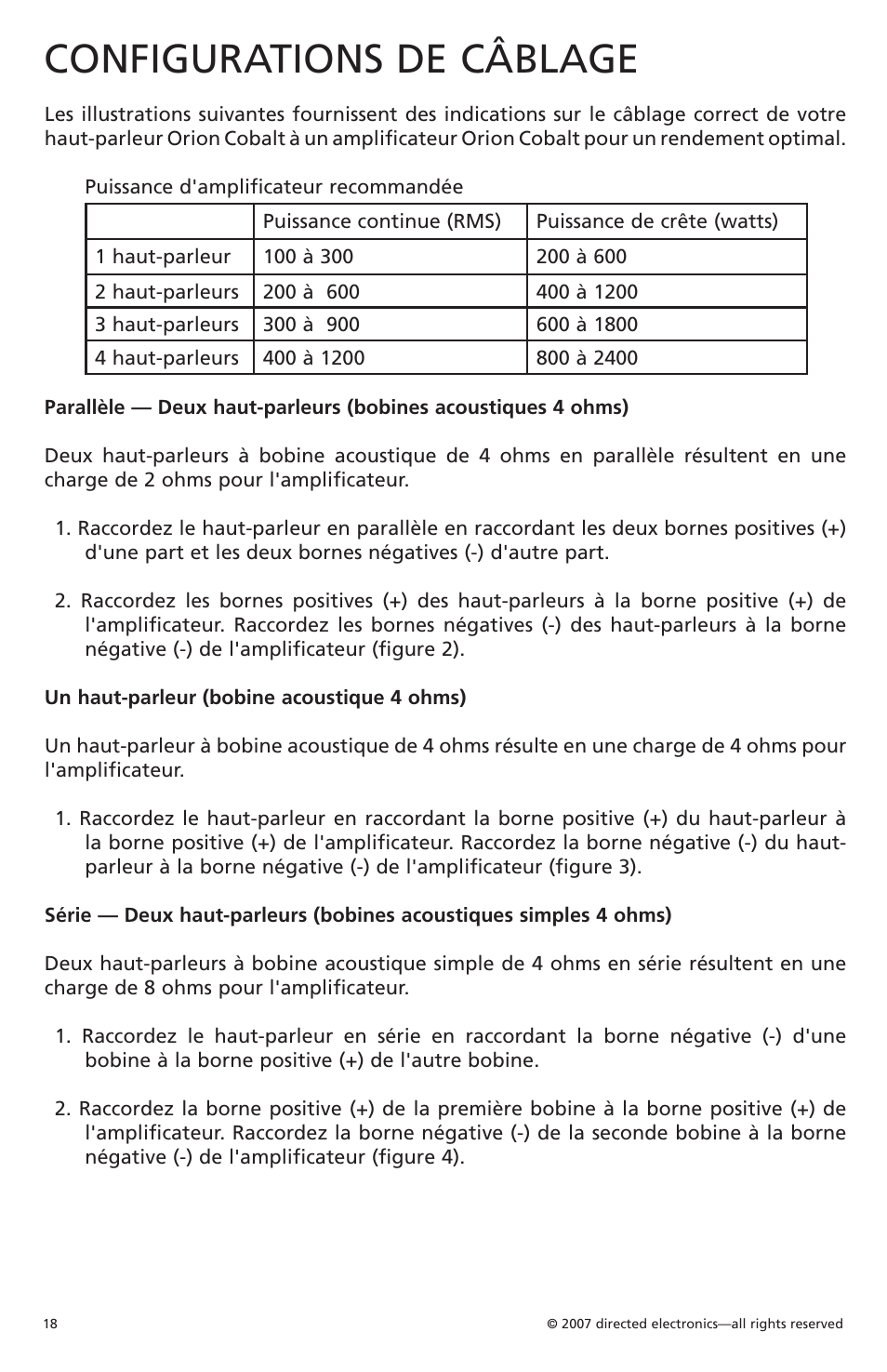 Configurations de câblage | Orion Car Audio Cobalt CO154S User Manual | Page 18 / 52