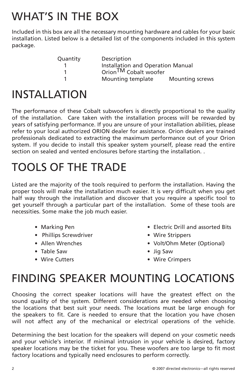 What’s in the box, Installation, Tools of the trade | Finding speaker mounting locations | Orion Car Audio Cobalt CO154S User Manual | Page 3 / 52