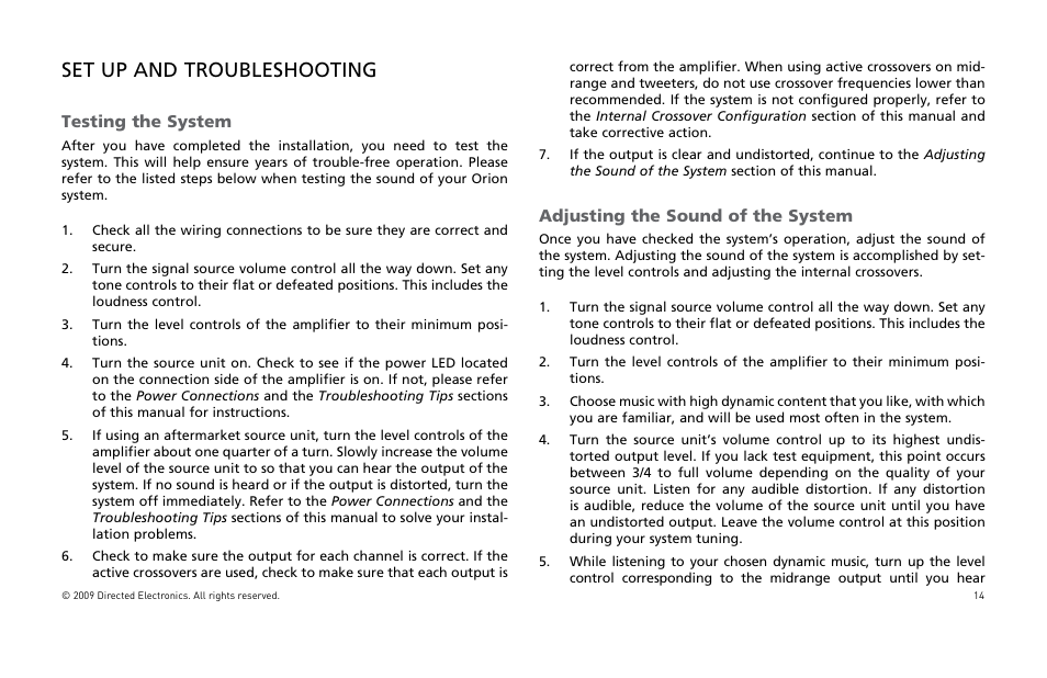 Set up and troubleshooting, Testing the system, Adjusting the sound of the system | Orion Car Audio XTR15001 User Manual | Page 15 / 100