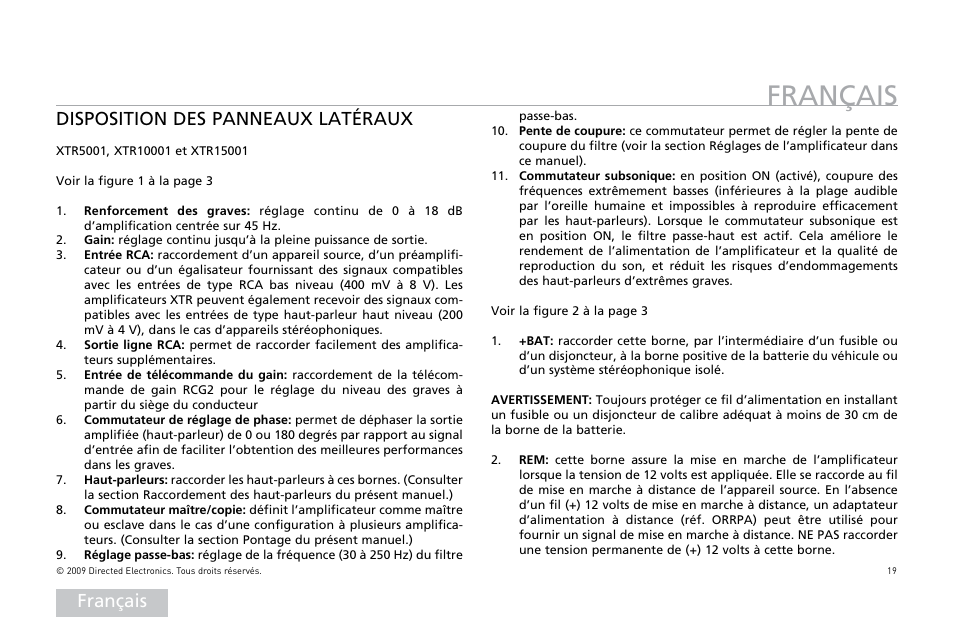 Français, Disposition des panneaux latéraux | Orion Car Audio XTR15001 User Manual | Page 20 / 100