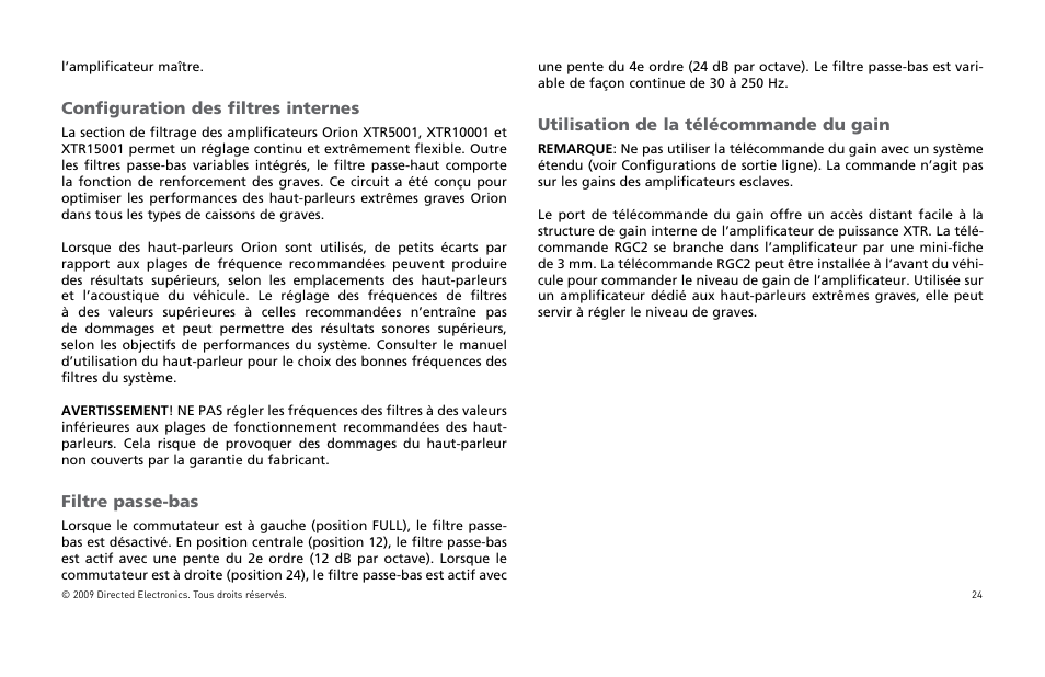 Configuration des filtres internes, Filtre passe-bas, Utilisation de la télécommande du gain | Orion Car Audio XTR15001 User Manual | Page 25 / 100