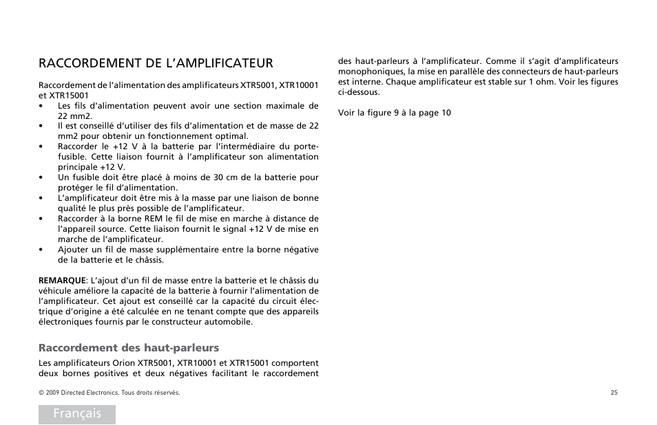 Français raccordement de l’amplificateur, Raccordement des haut-parleurs | Orion Car Audio XTR15001 User Manual | Page 26 / 100