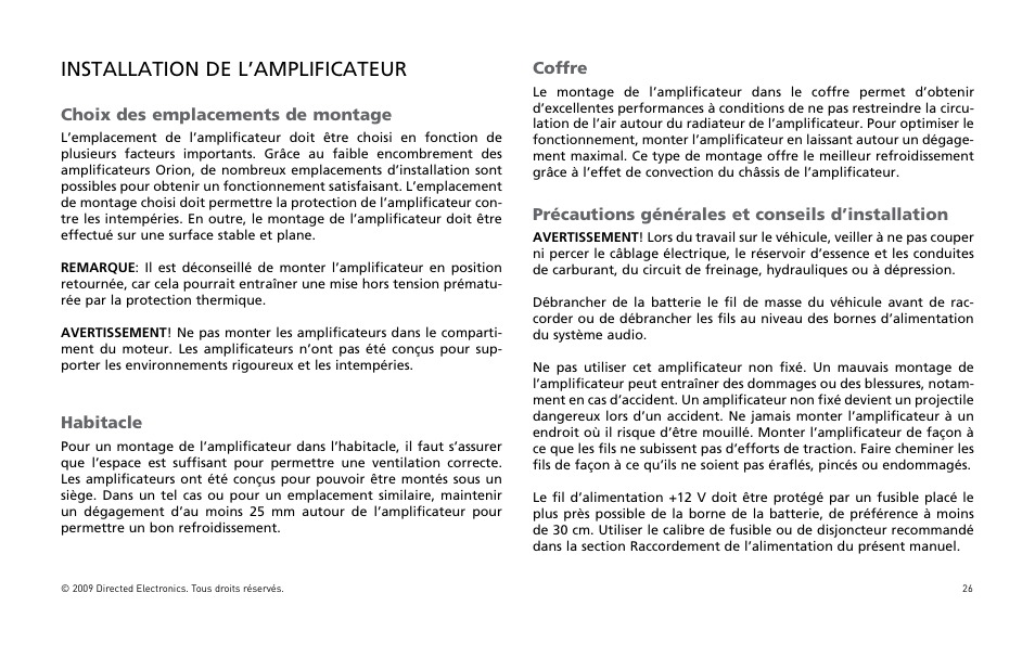 Installation de l’amplificateur | Orion Car Audio XTR15001 User Manual | Page 27 / 100