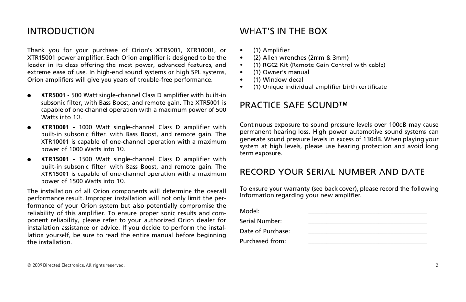 Introduction, What’s in the box, Practice safe sound | Record your serial number and date | Orion Car Audio XTR15001 User Manual | Page 3 / 100