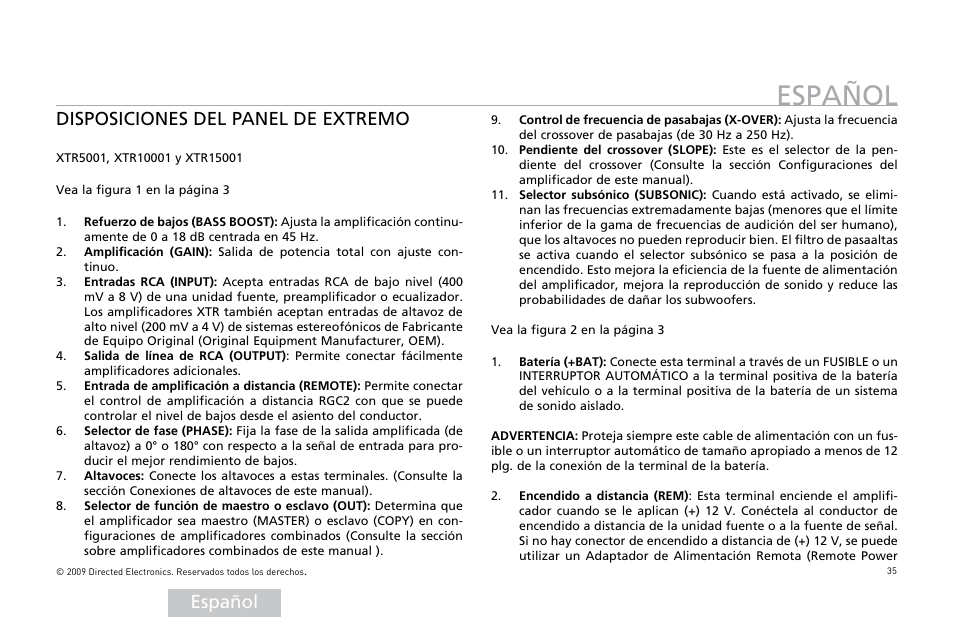 Español, Disposiciones del panel de extremo | Orion Car Audio XTR15001 User Manual | Page 36 / 100
