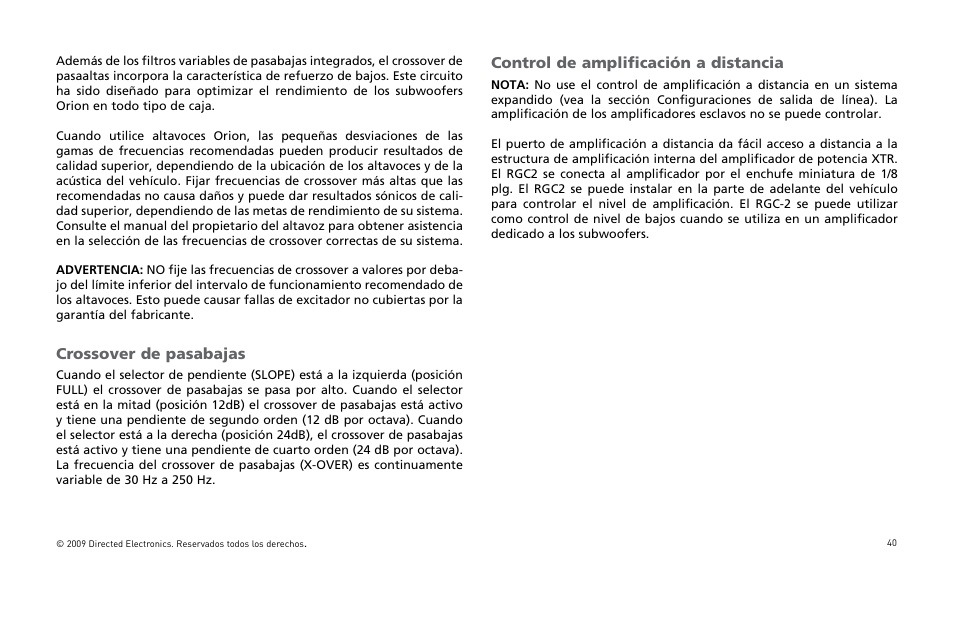 Crossover de pasabajas, Control de amplificación a distancia | Orion Car Audio XTR15001 User Manual | Page 41 / 100