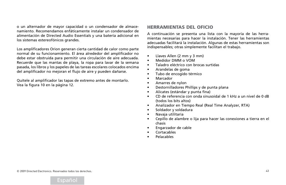 Español, Herramientas del oficio | Orion Car Audio XTR15001 User Manual | Page 44 / 100