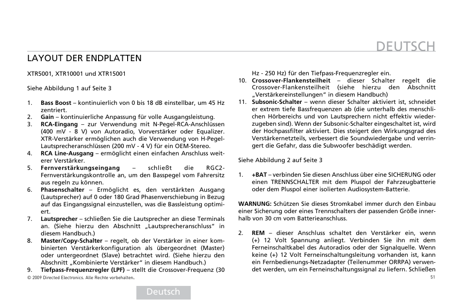 Deutsch, Layout der endplatten | Orion Car Audio XTR15001 User Manual | Page 52 / 100