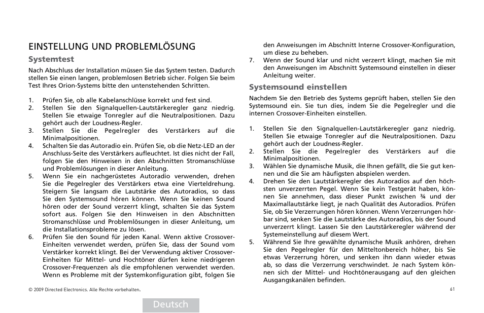 Deutsch einstellung und problemlösung, Systemtest, Systemsound einstellen | Orion Car Audio XTR15001 User Manual | Page 62 / 100