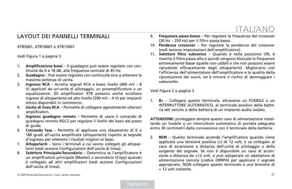 Italiano, Layout dei pannelli terminali | Orion Car Audio XTR15001 User Manual | Page 68 / 100