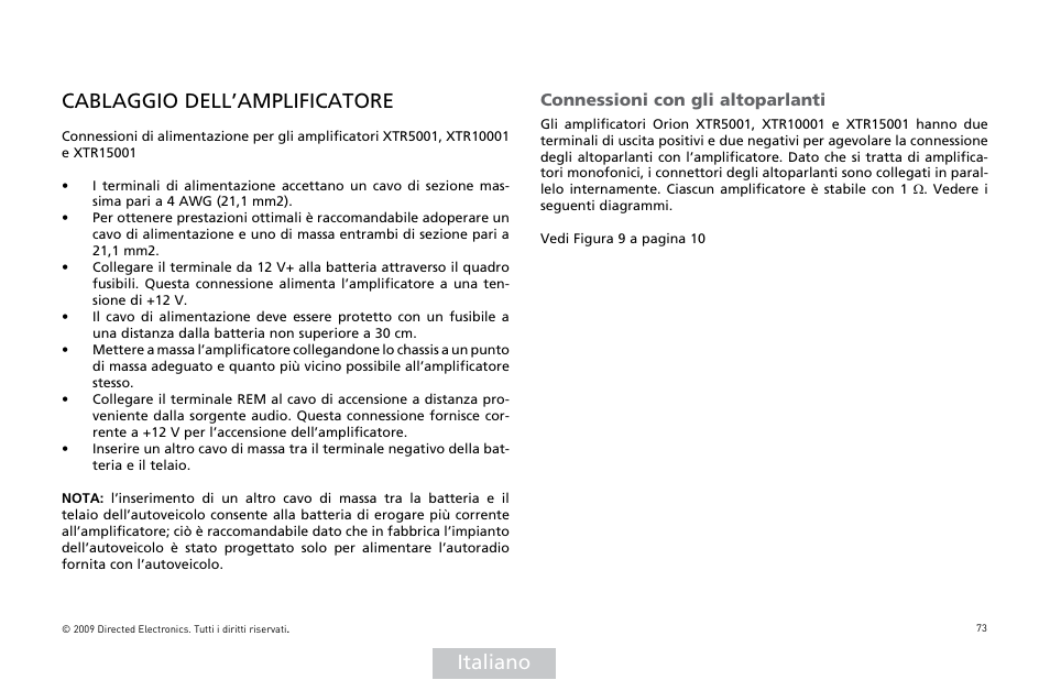 Italiano cablaggio dell’amplificatore, Connessioni con gli altoparlanti | Orion Car Audio XTR15001 User Manual | Page 74 / 100