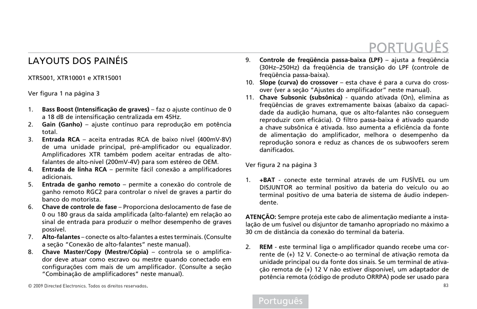 Português, Layouts dos painéis | Orion Car Audio XTR15001 User Manual | Page 84 / 100