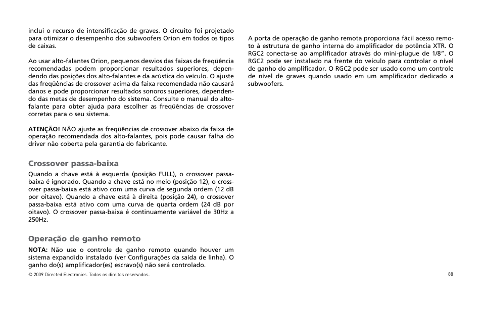 Crossover passa-baixa, Operação de ganho remoto | Orion Car Audio XTR15001 User Manual | Page 89 / 100