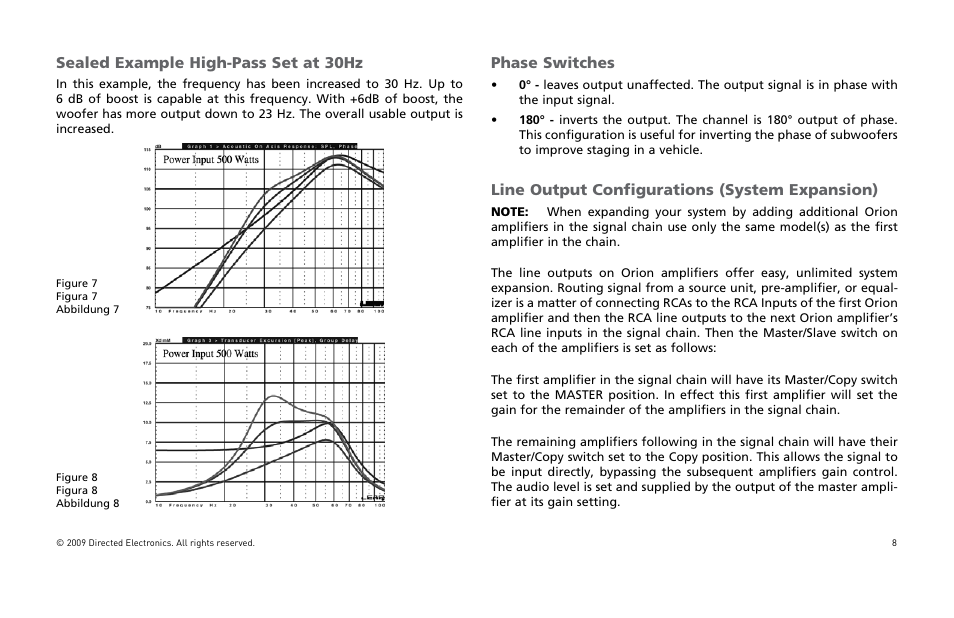 Sealed example high-pass set at 30hz, Phase switches, Line output configurations (system expansion) | Orion Car Audio XTR15001 User Manual | Page 9 / 100