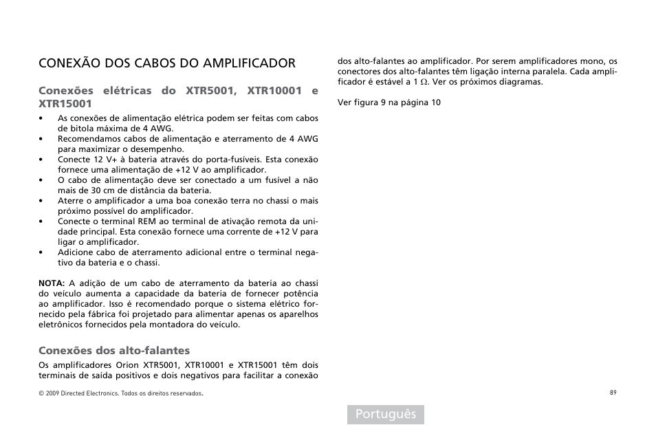 Português conexão dos cabos do amplificador | Orion Car Audio XTR15001 User Manual | Page 90 / 100