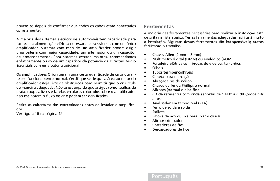 Português, Ferramentas | Orion Car Audio XTR15001 User Manual | Page 92 / 100