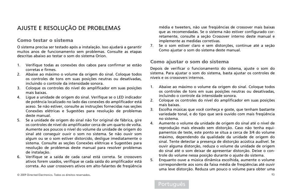Português ajuste e resolução de problemas, Como testar o sistema, Como ajustar o som do sistema | Orion Car Audio XTR15001 User Manual | Page 94 / 100
