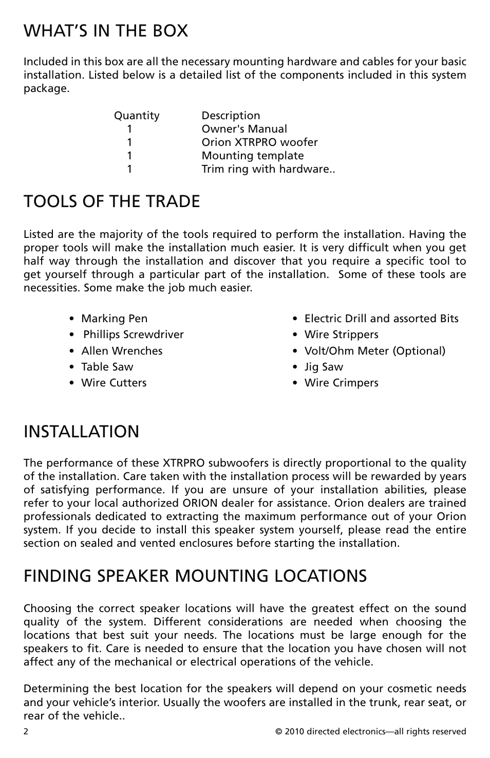 What’s in the box, Tools of the trade, Installation | Finding speaker mounting locations | Orion Car Audio XTRPRO154 User Manual | Page 3 / 78