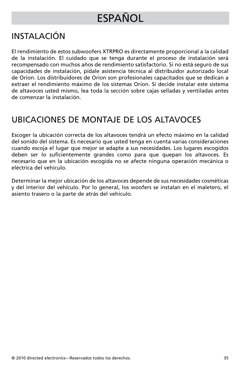 Español, Instalación, Ubicaciones de montaje de los altavoces | Orion Car Audio XTRPRO154 User Manual | Page 36 / 78