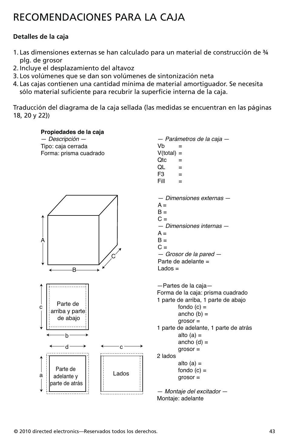 Recomendaciones para la caja | Orion Car Audio XTRPRO154 User Manual | Page 44 / 78