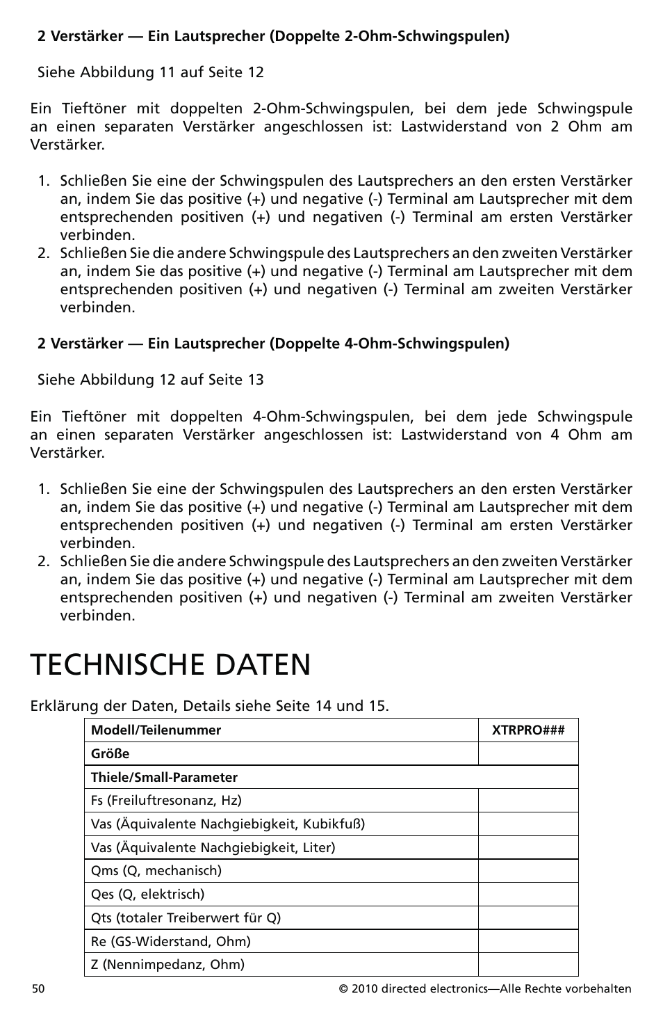 Technische daten | Orion Car Audio XTRPRO154 User Manual | Page 51 / 78