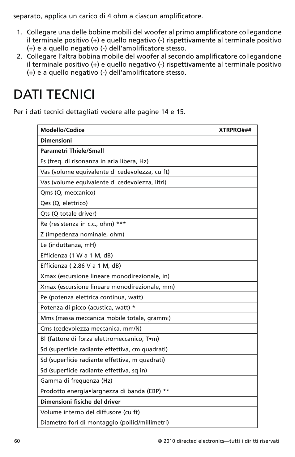 Dati tecnici | Orion Car Audio XTRPRO154 User Manual | Page 61 / 78