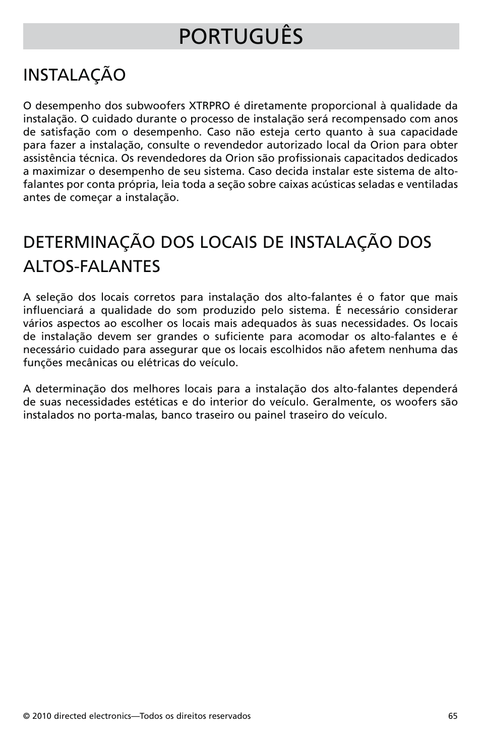 Português, Instalação | Orion Car Audio XTRPRO154 User Manual | Page 66 / 78