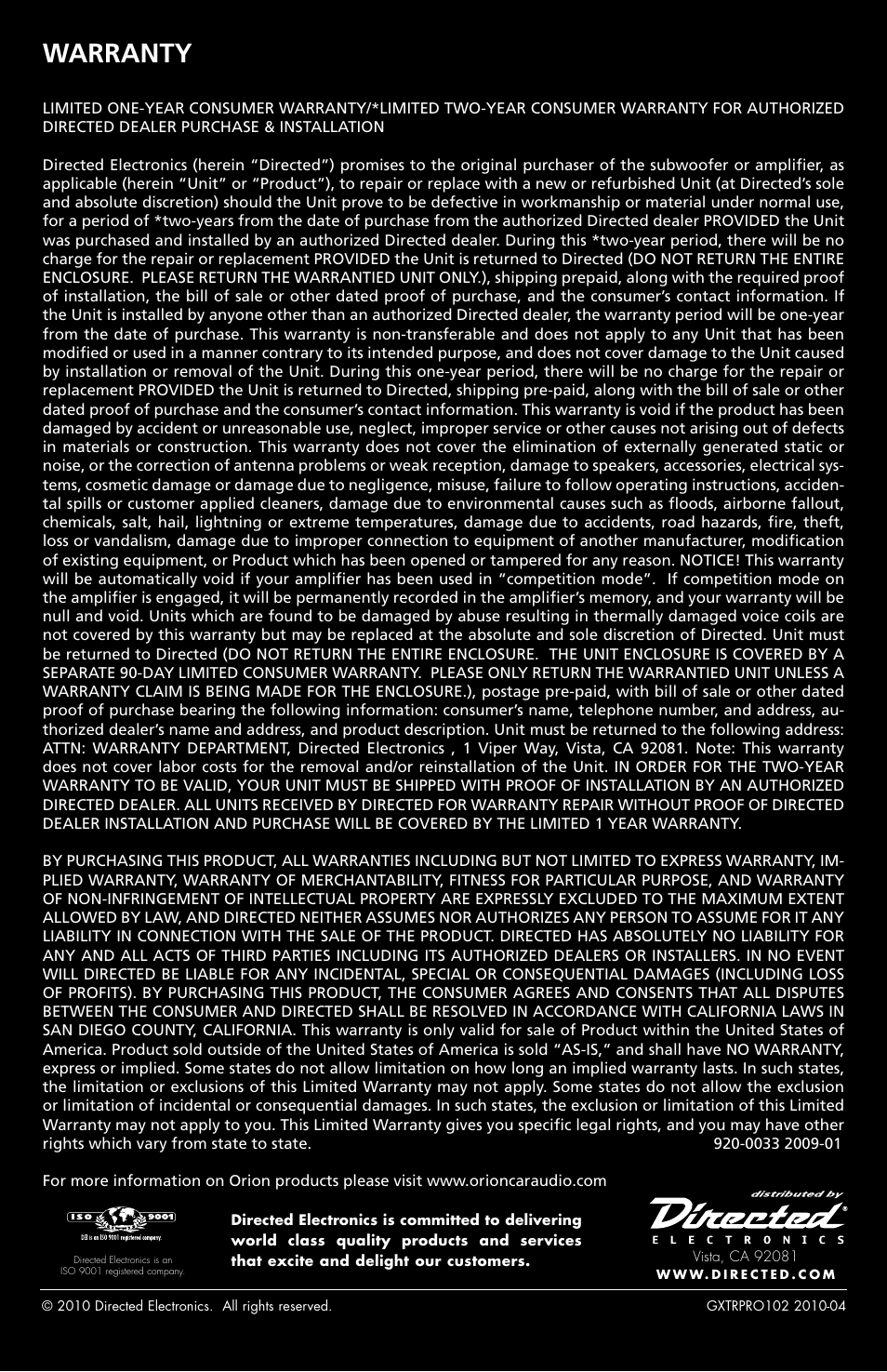 Warranty | Orion Car Audio XTRPRO154 User Manual | Page 78 / 78