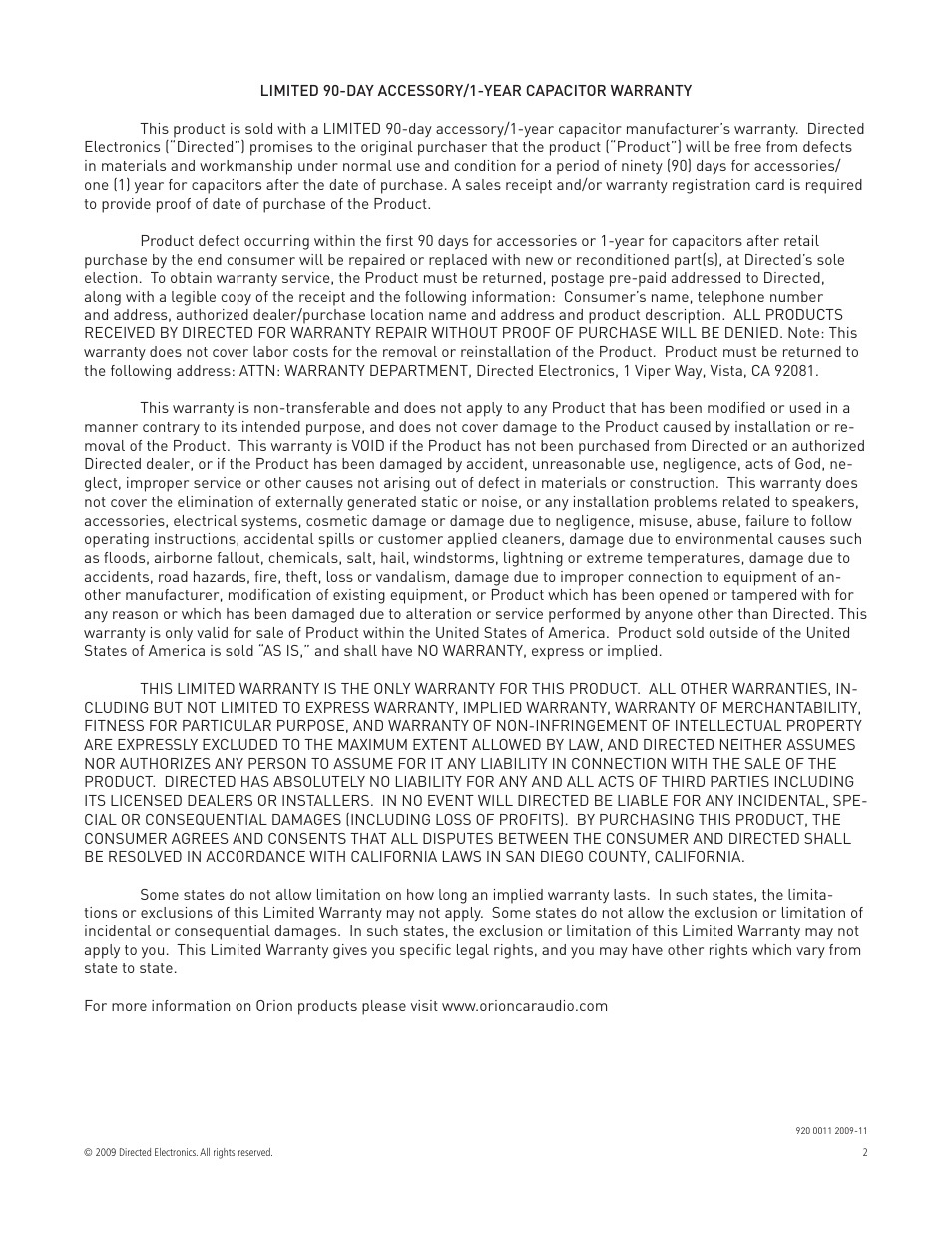 Orion Car Audio ORRPA 2009-11 1 User Manual | Page 2 / 2