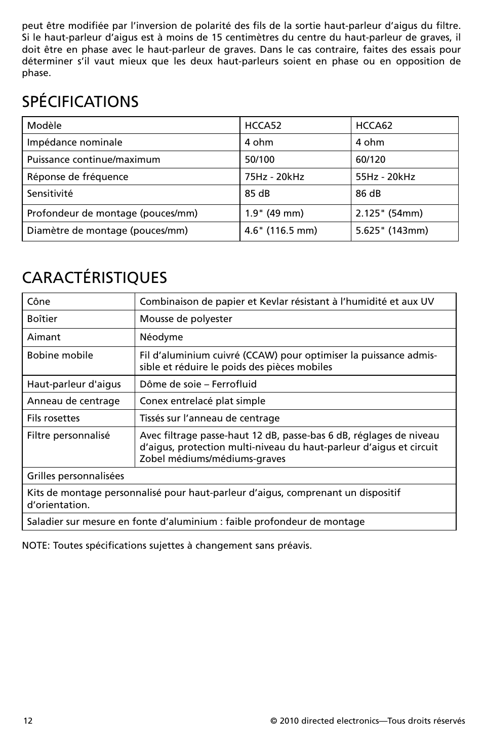 Spécifications, Caractéristiques | Orion Car Audio HCCA52 User Manual | Page 13 / 30