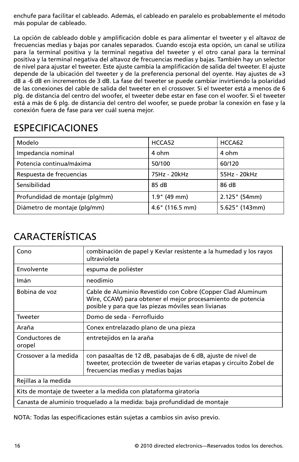 Especificaciones, Características | Orion Car Audio HCCA52 User Manual | Page 17 / 30